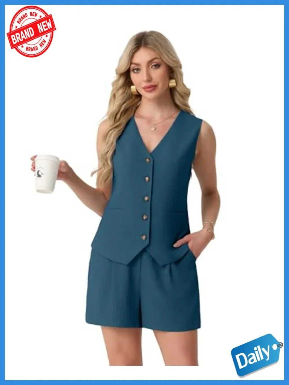 Women's 2 Piece Sleeveless Vest and Shorts Set, Polyester Solid Casual Travel